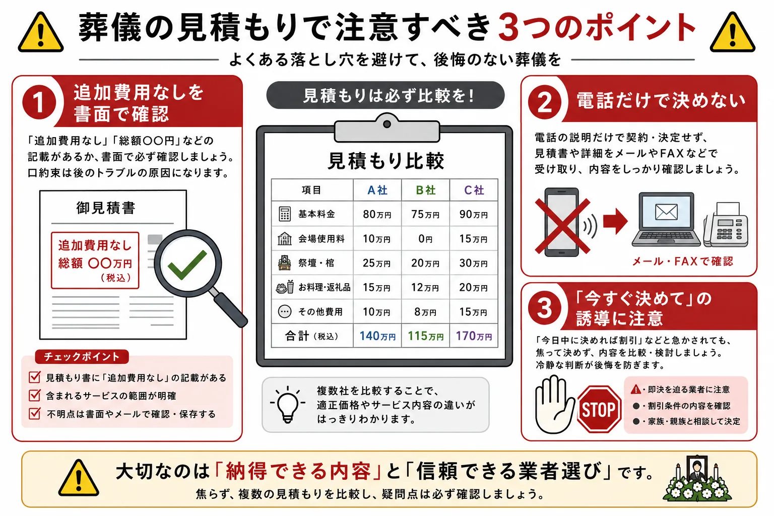 葬儀の見積もりで注意すべき3つのポイントを図解したインフォグラフィック