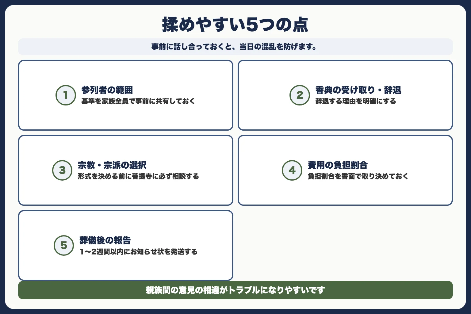 家族葬で揉めやすい5つのポイントと対処法