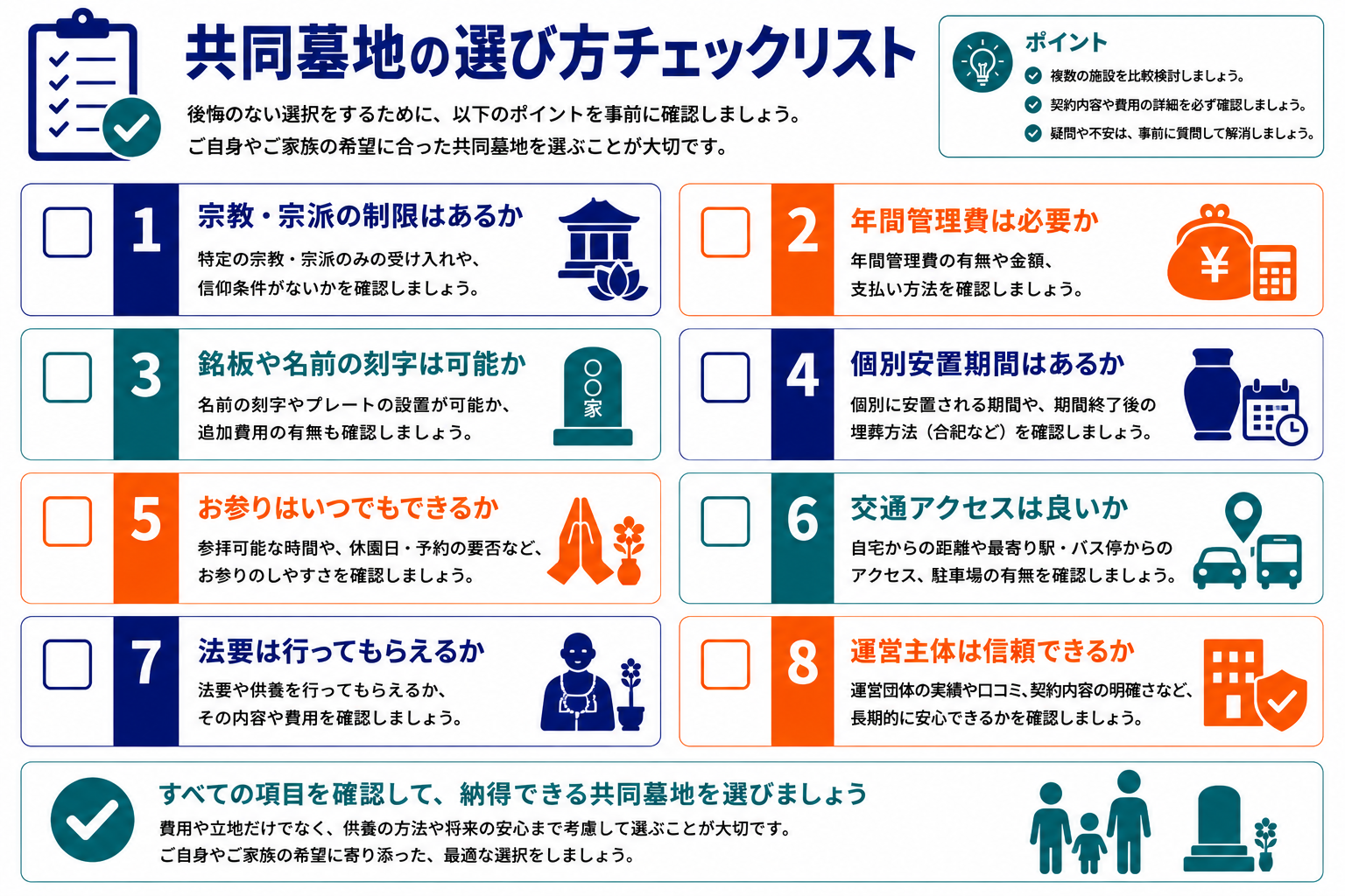 共同墓地の選び方チェックリスト｜宗教宗派の制限・年間管理費・刻字・個別安置期間・お参り・交通アクセス・法要・運営主体の8項目のインフォグラフィック