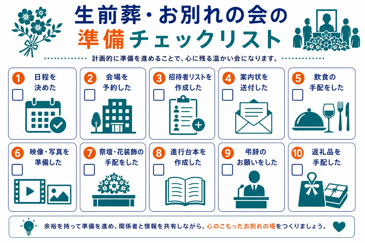 生前葬・お別れの会の準備チェックリスト｜日程を決めた・会場を予約した・招待者リストを作成した・案内状を送付した・飲食の手配をした・映像写真を準備した・祭壇花装飾の手配をした・進行台本を作成した・弔辞のお願いをした・返礼品を手配したの10項目のインフォグラフィック