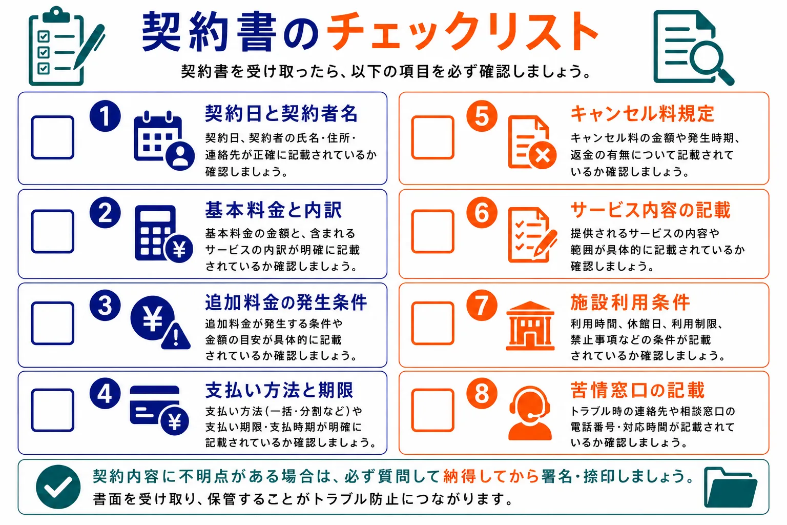 葬儀契約書のチェックリスト：見積もり内訳・追加費用条件・キャンセル規定・支払い方法など7項目の確認表
