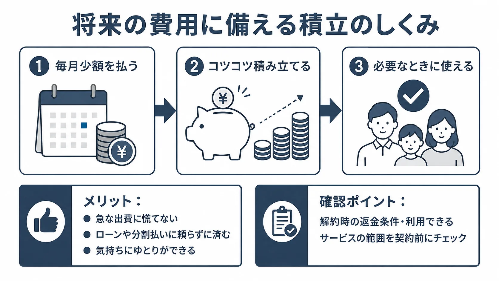 将来の費用に備える積立のしくみ｜①毎月少額を払う②コツコツ積み立てる③必要なときに使えるの3ステップと、メリット急な出費に慌てない・ローンや分割払いに頼らずに済む・気持ちにゆとりができる、確認ポイント解約時の返金条件・利用できるサービスの範囲を契約前にチェックを示したインフォグラフィック