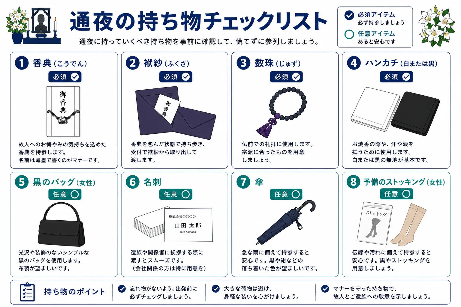 通夜の持ち物チェックリスト｜香典・袱紗・数珠・ハンカチなど必須アイテムと任意アイテムをアイコン付きで解説するインフォグラフィック